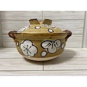 Vtg Art Pottery Lidded Casserole Dish Floral Brown & White MCM